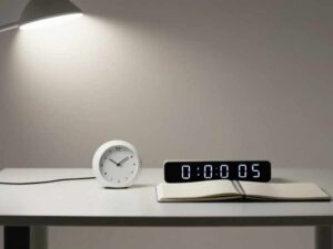 Reloj y temporizador sobre escritorio marcando un bloque de tiempo para aplicar la técnica Pomodoro.