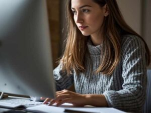 mujer concentrada trabajando en computadora